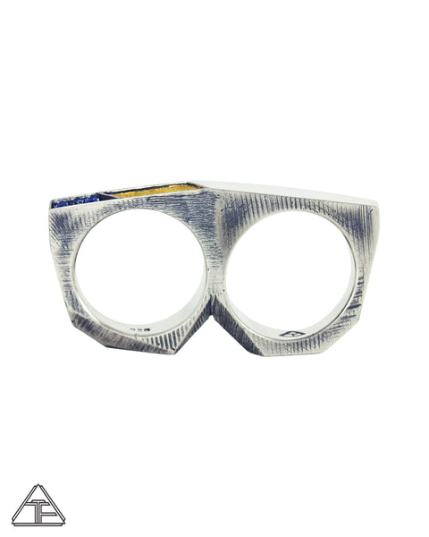 Lattice: Blue Sapphire 24K Inlay Double Finger Ring Size 8.5