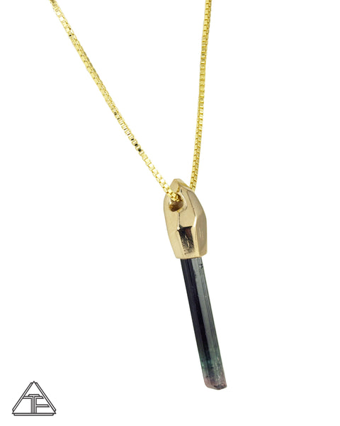 Multi-Color Green Tourmaline 14k Yellow Gold Crystal Talisman Pendant