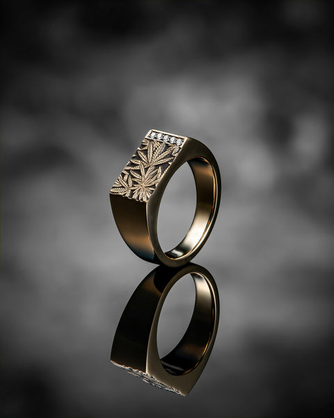 Cannabis Signet Ring with Diamonds - Cannabis Jewelry Collection - Third Eye Assembly