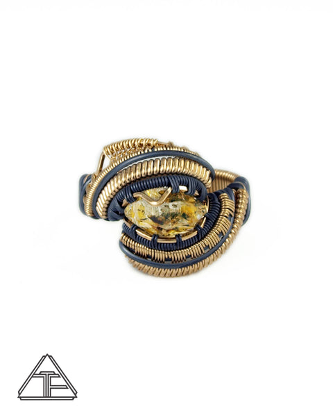 Size 11 - Oil Included Quartz Yellow Gold and Silver Wire Wrapped Ring