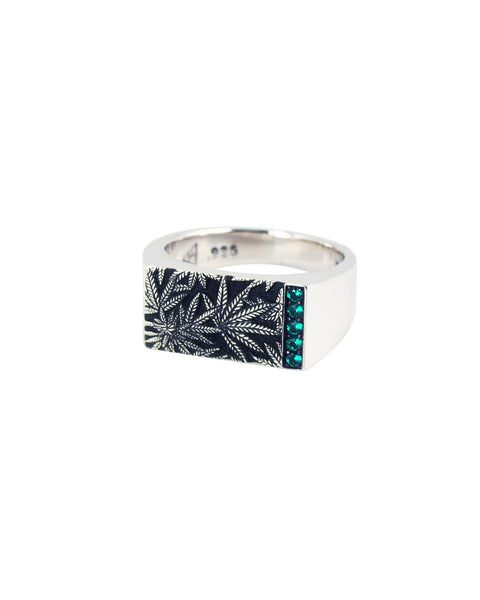 Cannabis Signet Silver Ring with Emeralds - Cannabis Jewelry Collection - Third Eye Assembly
