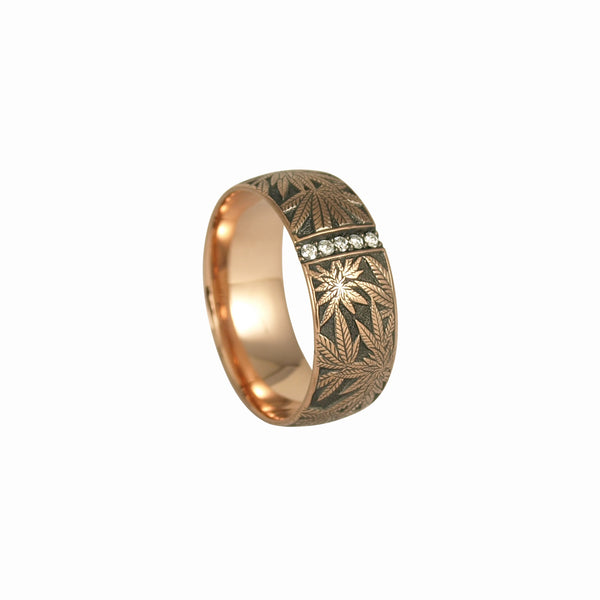 Cannabis Rose Gold Hand Engraved Band with Diamonds - Cannabis Jewelry Collection - Third Eye Assembly