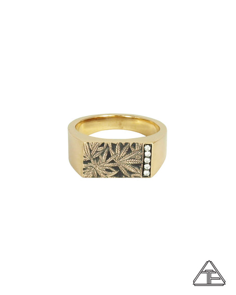 Cannabis Signet Gold Ring with Diamonds - Cannabis Jewelry Collection - Third Eye Assembly