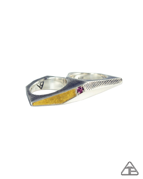 Lattice: Rhodolite Garnet 24K Inlay Double Finger Ring Size 5.5