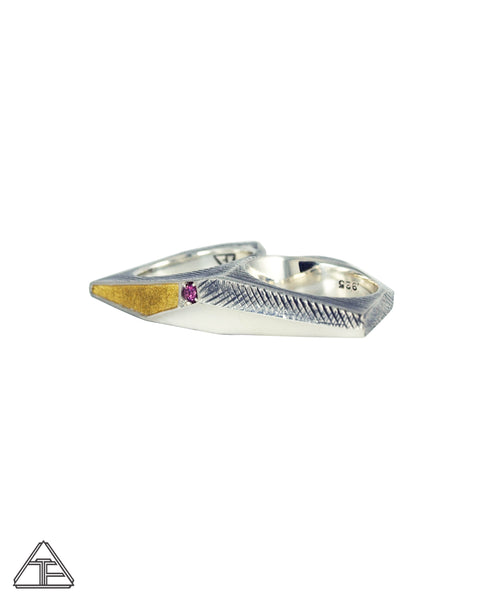 Lattice: Rhodolite Garnet 24K Inlay Double Finger Ring Size 5.5