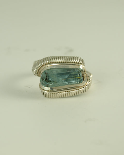 Size 9.5 - Aquamarine Sterling Silver Wire Wrapped Ring