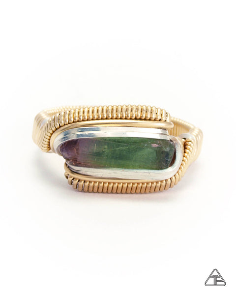 Size 11 - Bi-Color Tourmaline Yellow Gold + Sterling Wire Wrapped Ring