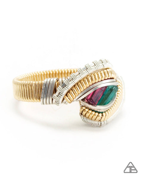 Size 8  - Emerald + Rubellite Yellow Gold + Sterling Wire Wrapped Ring