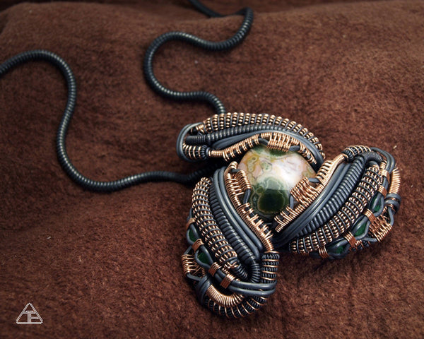 Ocean Jasper + Emerald Stealth Sterling Silver and Rose Gold Wire Wrapped Pendant