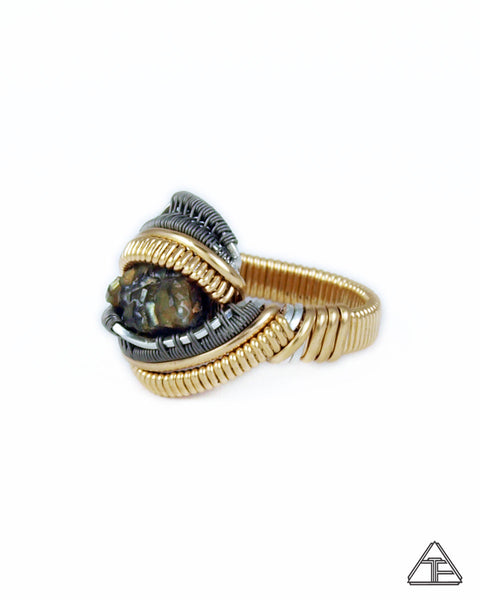 Size 4 - Rainbow Garnet Yellow Gold & Titanium Wire Wrapped Ring