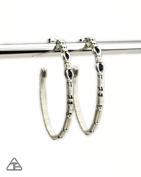 Black Spinel & Silver Wire Wrap Hoop Earrings