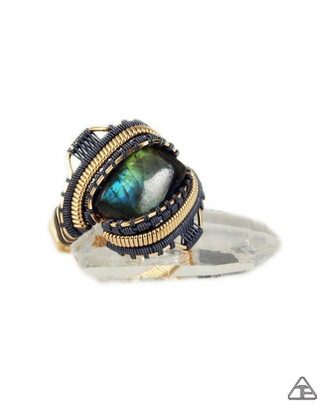 Size 10 - Labradorite Yellow Gold & Stealth Silver Wire Wrapped Ring