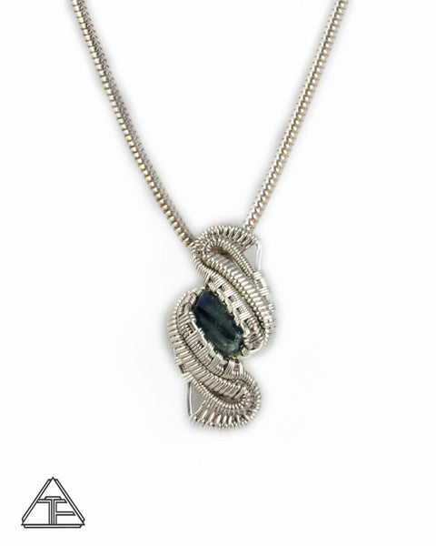 Silver Blue Green Tourmaline Wire Wrapped Pendant