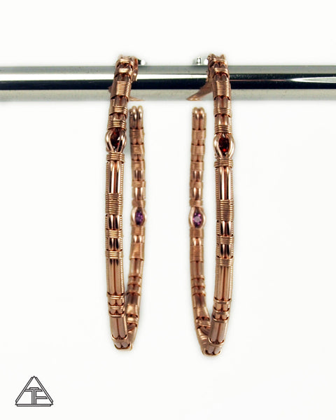 Garnet + Rhodolite Garnet Rose Gold & Silver Wire Wrap Hoop Earrings