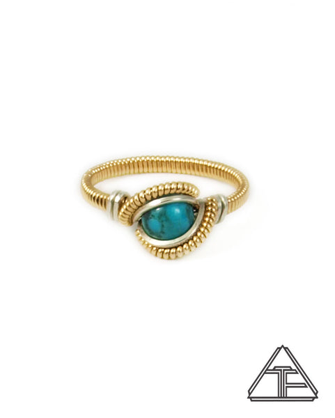 Size 7.5 - Turquoise and Yellow Gold Wire Wrapped Ring