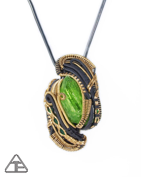 Vanadium Diopside + Emerald + Tsavorite Gold & Silver Wire Wrapped Pendant