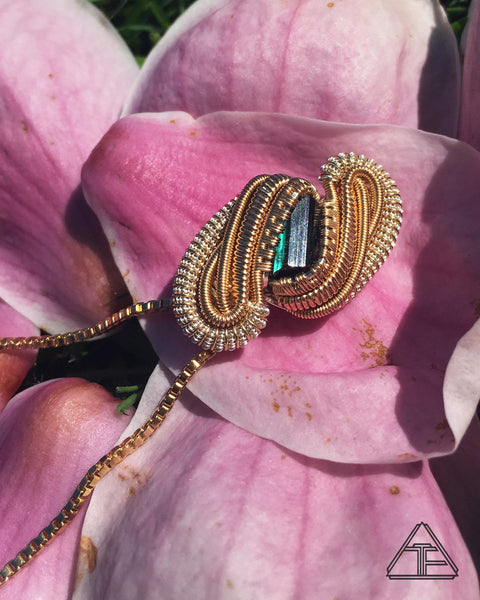 Tourmaline and Yellow Gold Wire Wrapped Pendant