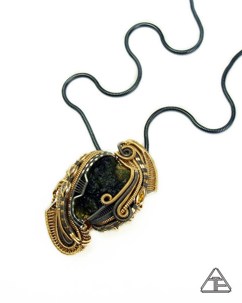 Moldavite + Herkimer Diamond + Gold & Titanium Wire Wrapped Pendant
