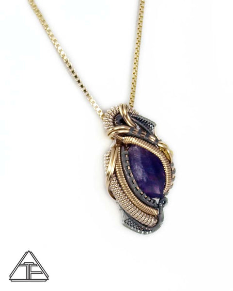 Amethyst Gold Nugget Titanium Yellow Gold and Silver Wire Wrapped Pendant