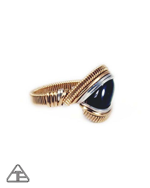 Size 8.5 - Rainbow Obsidian Sterling Silver and Yellow Gold Wire Wrapped Ring