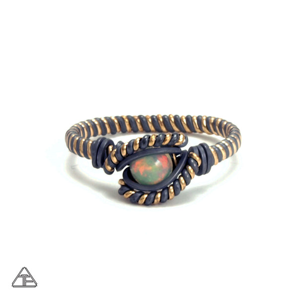 Size 8 - Fire Opal + Yellow Gold & Stealth Silver Wire Wrapped Ring