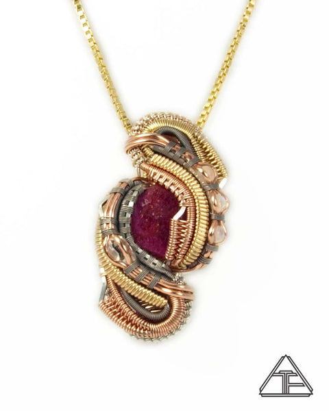 Ruby Titanium Yellow and Rose Gold Sterling Wire Wrapped Pendant