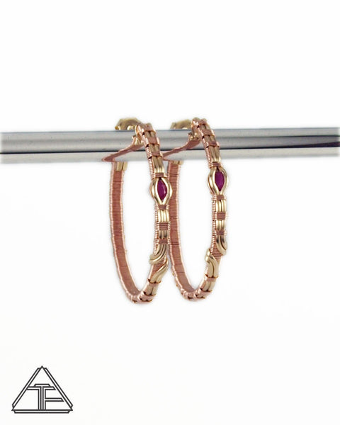 Ruby Yellow Gold Rose Gold and Silver Wire Wrap Hoop Earrings