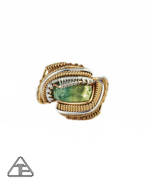 Size 7 - Bi-Color Tourmaline Yellow Gold and Sterling Silver Wire Wrapped Ring