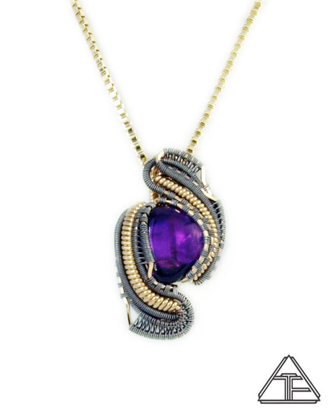 Amethyst Yellow Gold and Titanium Wire Wrapped Pendant
