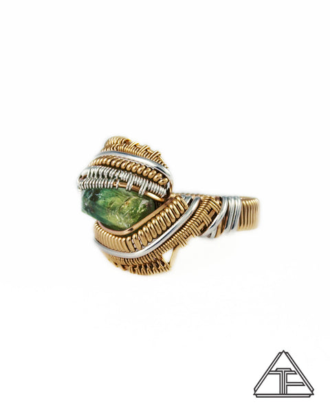 Size 7 - Bi-Color Tourmaline Yellow Gold and Sterling Silver Wire Wrapped Ring