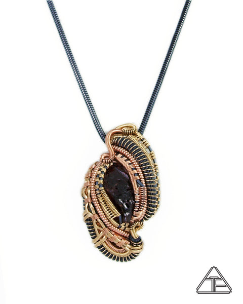 Acid Etched Garnet Yellow Gold and Rose Gold Wire Wrapped Pendant