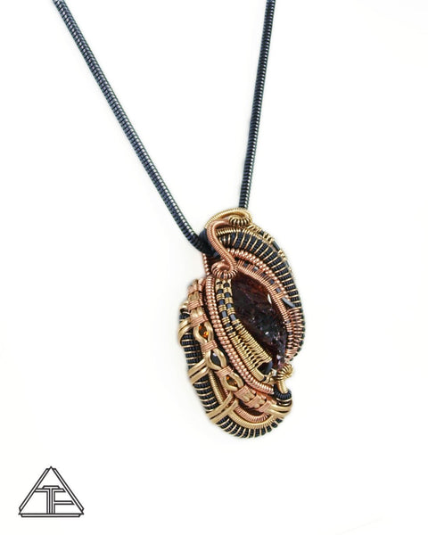 Acid Etched Garnet Yellow Gold and Rose Gold Wire Wrapped Pendant