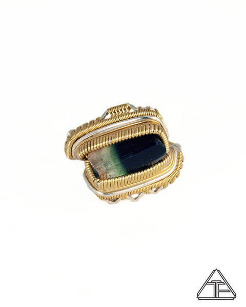 Size 11.5 - Stak Nala Tourmaline Yellow Gold and Silver Wire Wrapped Ring