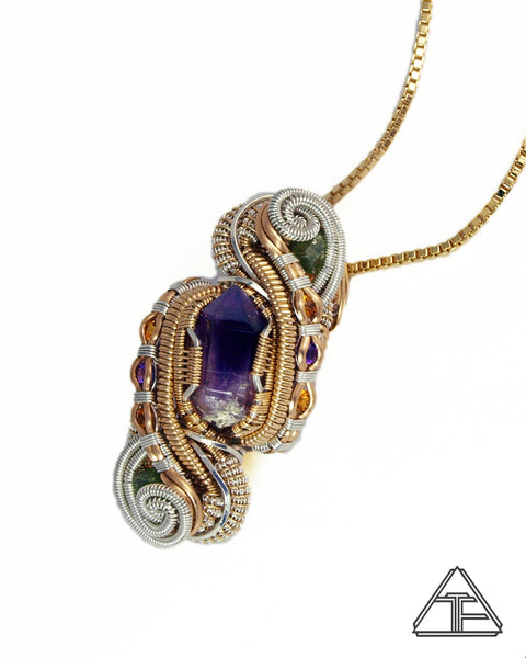Amethyst Citrine Demantoid Garnet Yellow Gold and Silver Wire Wrapped Pendant