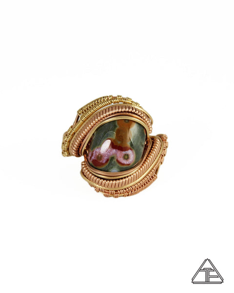 Size 10.5 - Ocean Jasper Rose and Yellow Gold Wire Wrapped Ring