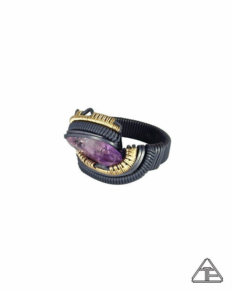 Size 6.5 - Amethyst Yellow Gold and Silver Wire Wrapped Ring