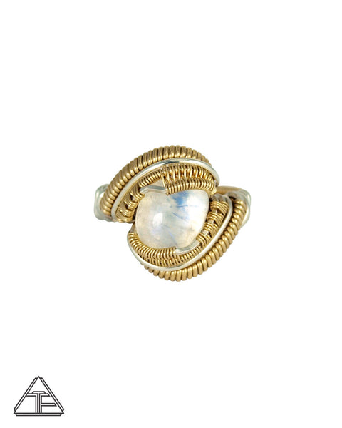 Size 8 - Moonstone 14K Yellow Gold and Sterling Silver Wire Wrapped Ring