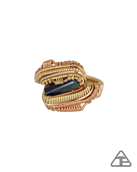 Size 7.5 - Tourmaline 14K Rose Gold and Yellow Gold Wire Wrapped Ring