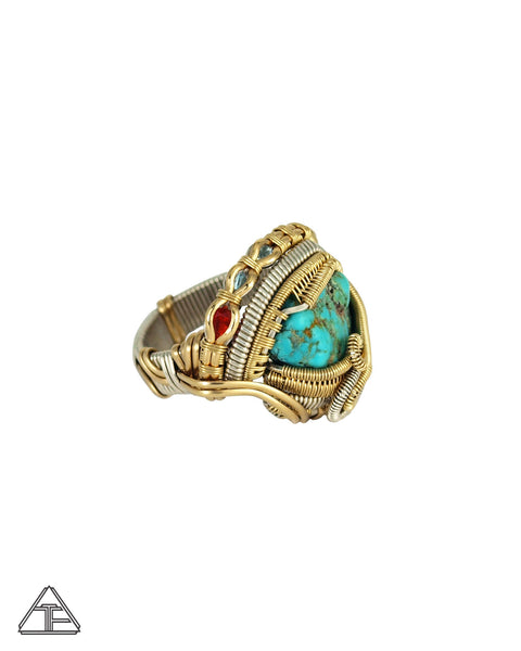 Size 11 - Turquoise Yellow Gold and Sterling Silver Wire Wrapped Ring