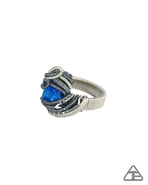 Size 7.5 - Neon Blue Apatite Sterling Silver and Titanium Wire Wrapped Ring