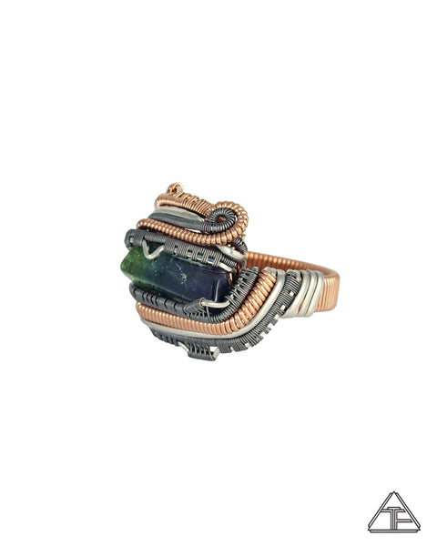 Size 10 - Tri-Color Tourmaline Rose Gold Silver and Titanium Wire Wrapped Ring