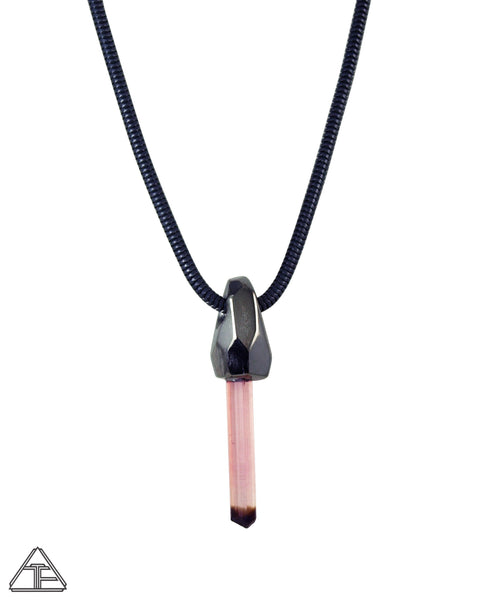 Pink and Black Tourmaline Black Rhodium Crystal Talisman Pendant